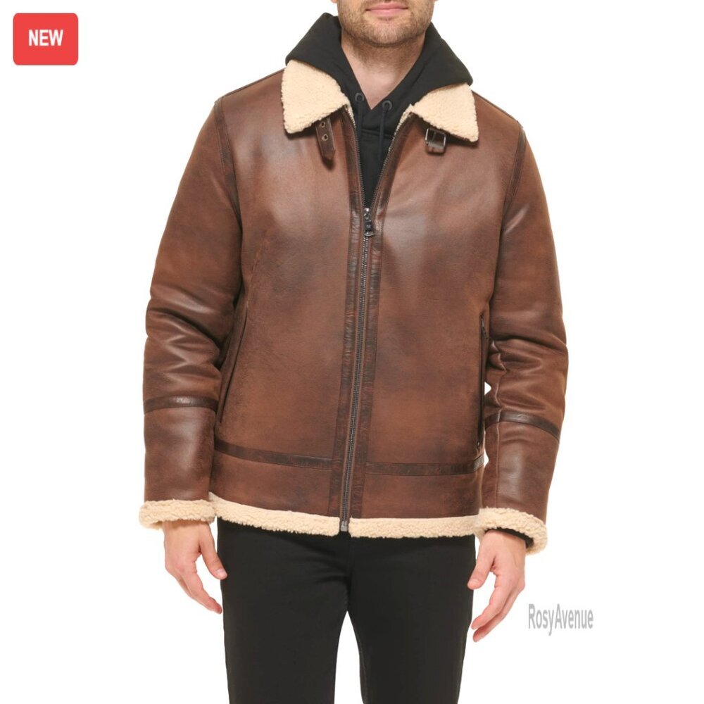 Mens Faux Leather Bomber Jacket with Shearling Lining, Classic Fit